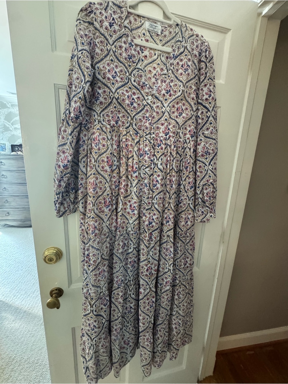 Monkees Long-Sleeve Tiered Maxi Dress in Cream and Purple Medallion Print
